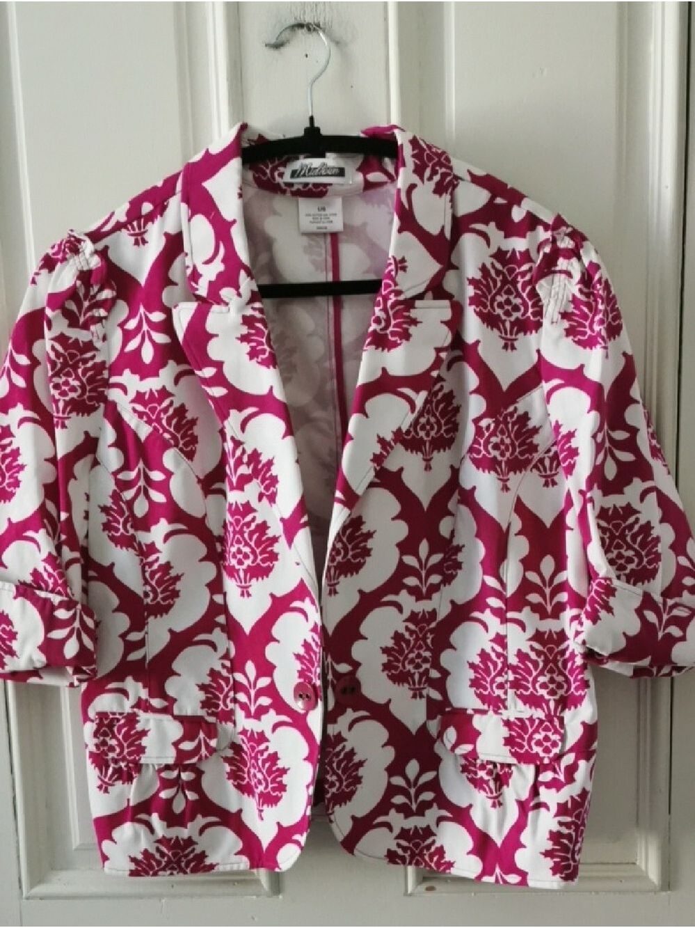 Womens Vintage Midtown Pink/White Floral Damask Print  Blazer Jacket. Size L